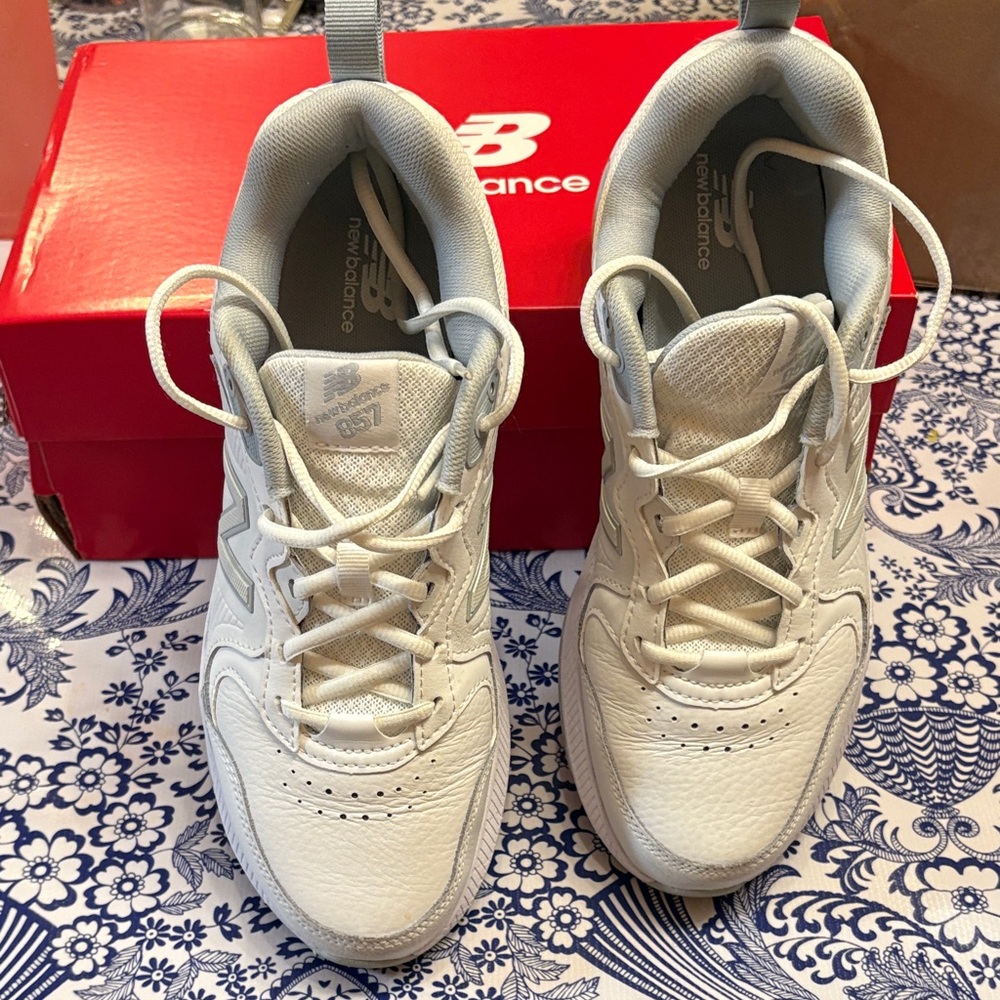 New Balance White and Light Gray Leather Sneakers